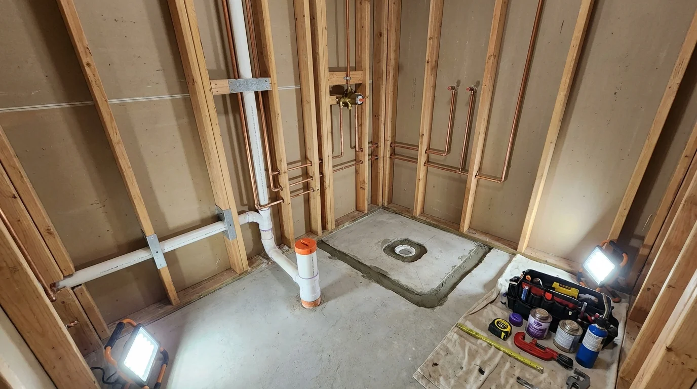 Bathroom rough-in plumbing during remodel by Johns Plumbing LLC in Commercial Point