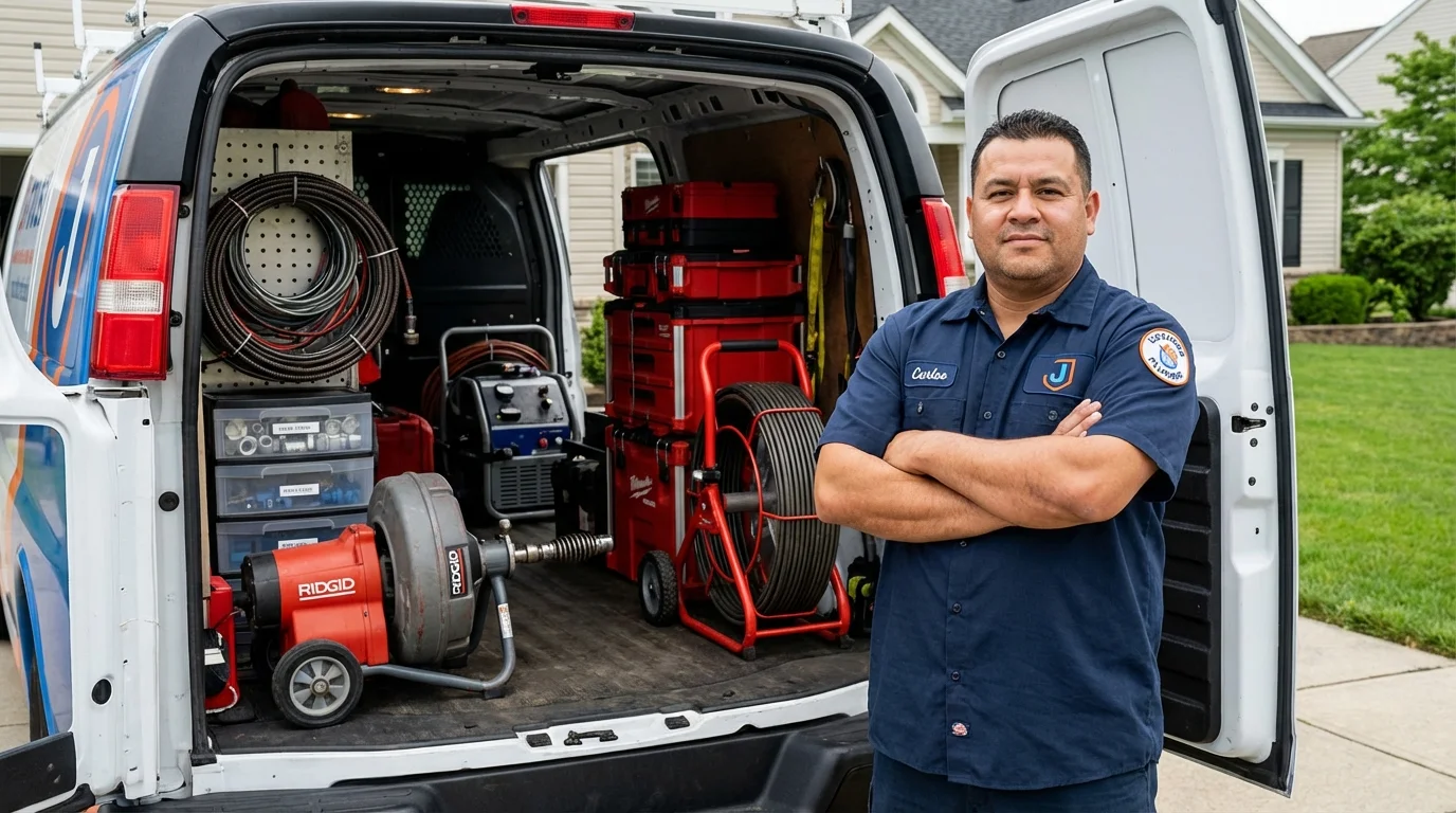 Professional drain cleaning equipment and Johns Plumbing LLC plumber in Commercial Point