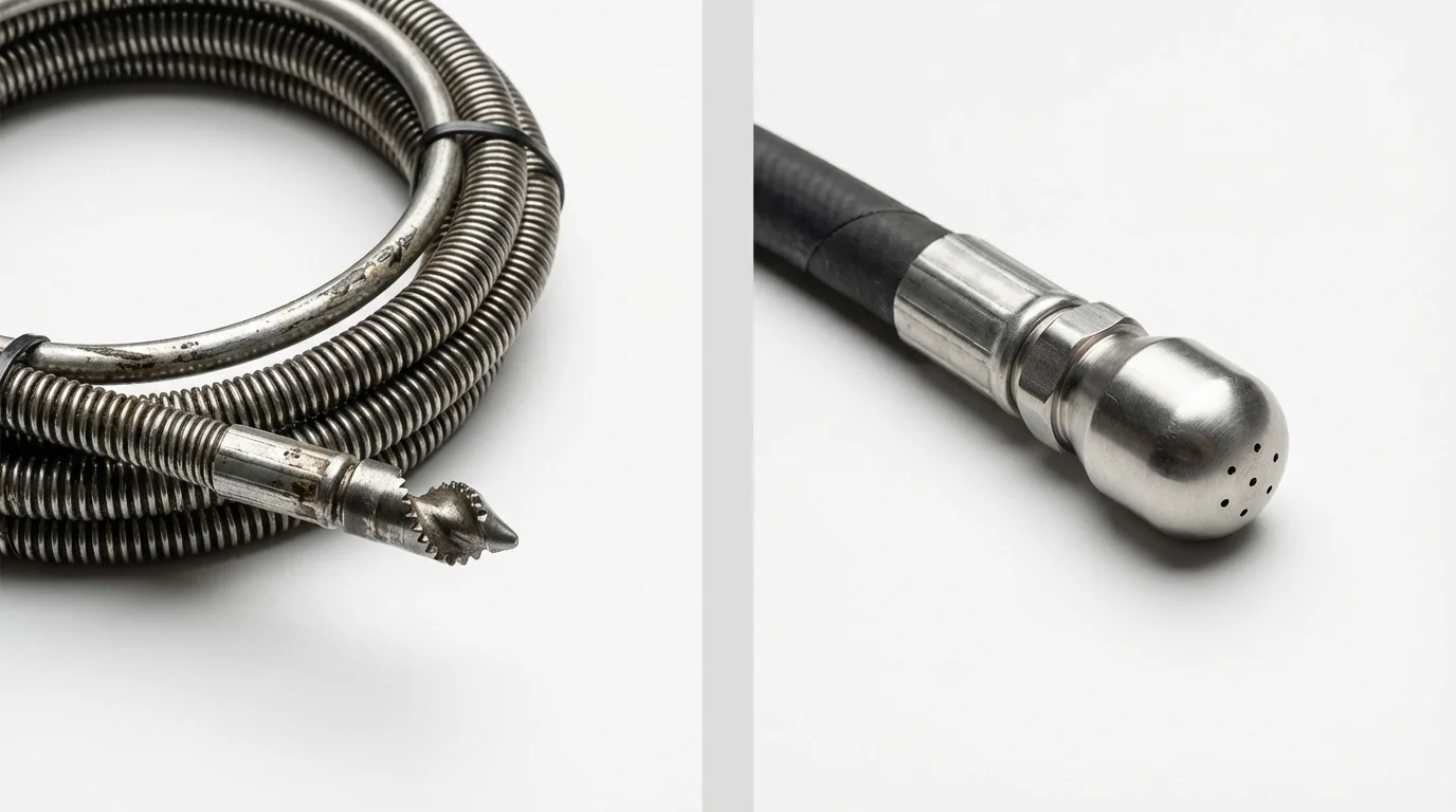 Drain snake cable and hydro jetting nozzle used for drain cleaning in Commercial Point, OH