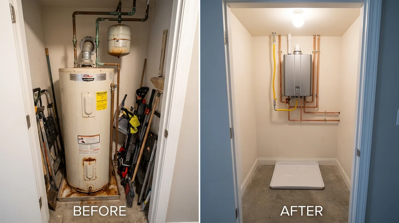 Tank water heater versus wall-mounted tankless unit comparison for Commercial Point, OH homeowners
