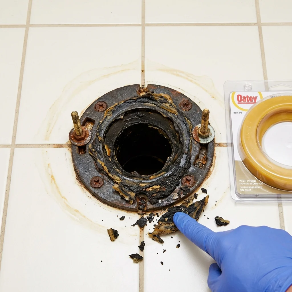 Failed wax ring showing water seepage at the base of a toilet in a Commercial Point, OH home