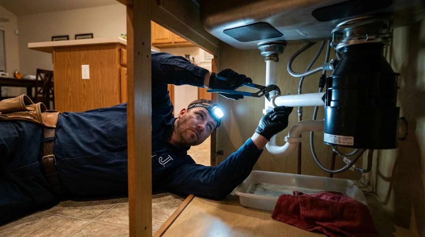 P-trap and supply line connections under a kitchen sink showing a common leak point in Commercial Point, OH
